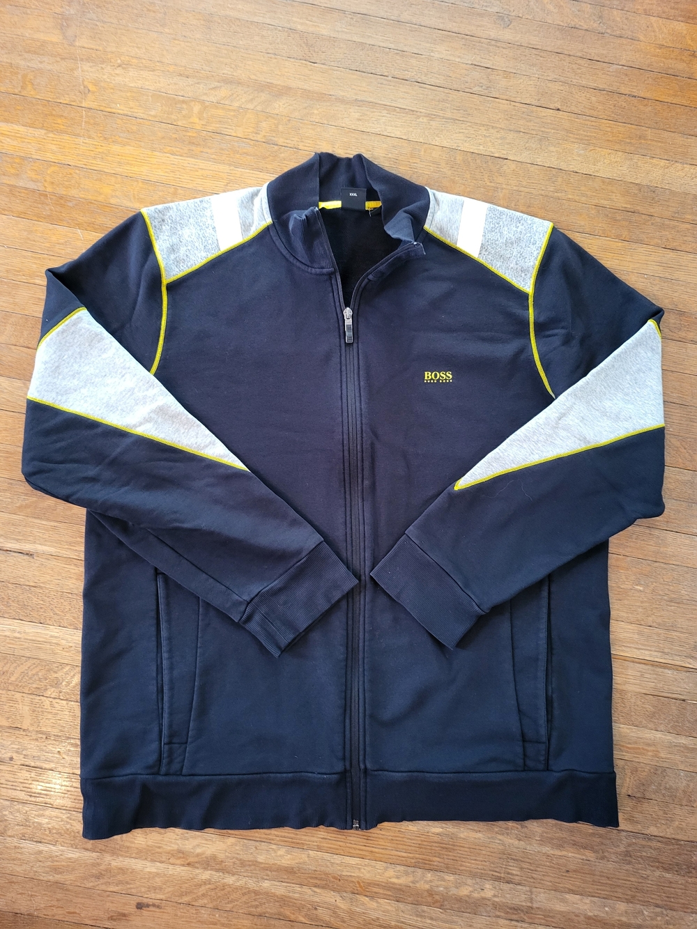 BOSS Black Zip-Up Track Jacket with Gray Panels and Yellow Trim